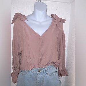 Button, open shoulder blouse